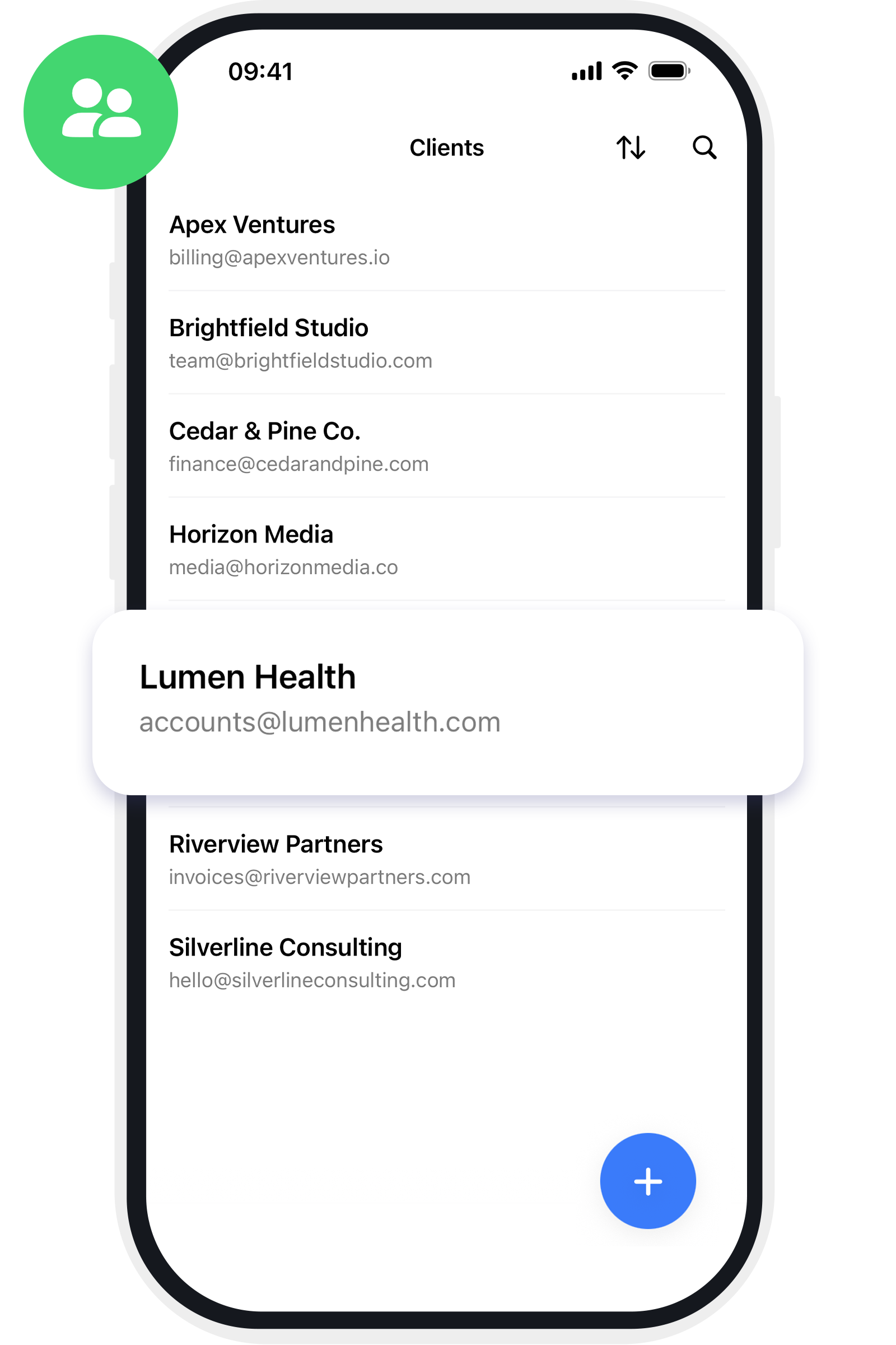 Invoice Maker client and item library screen