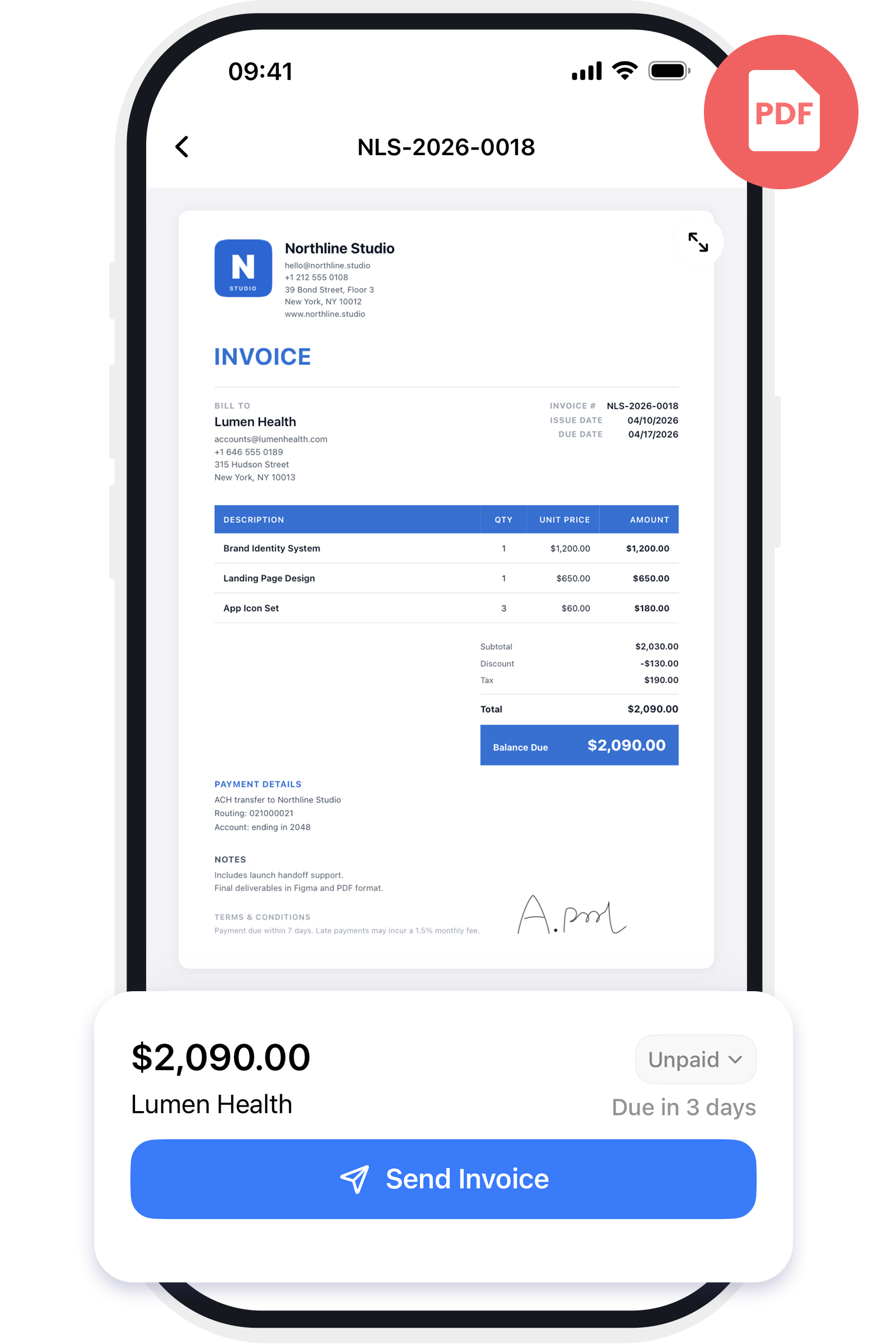 InvoiceFolio PDF export and sharing screen