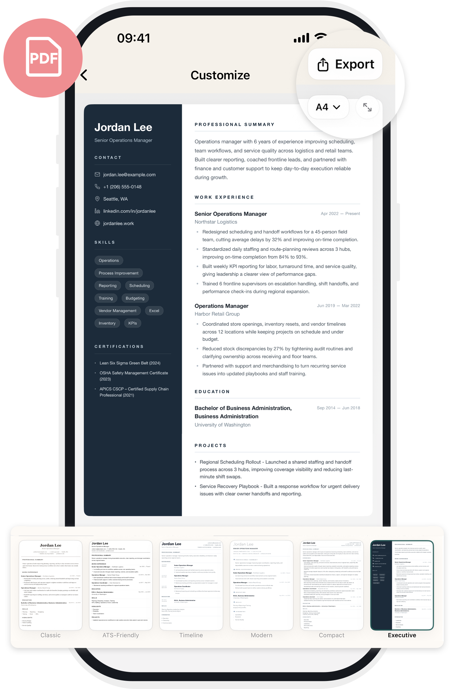 Resume Builder template selection and preview screen