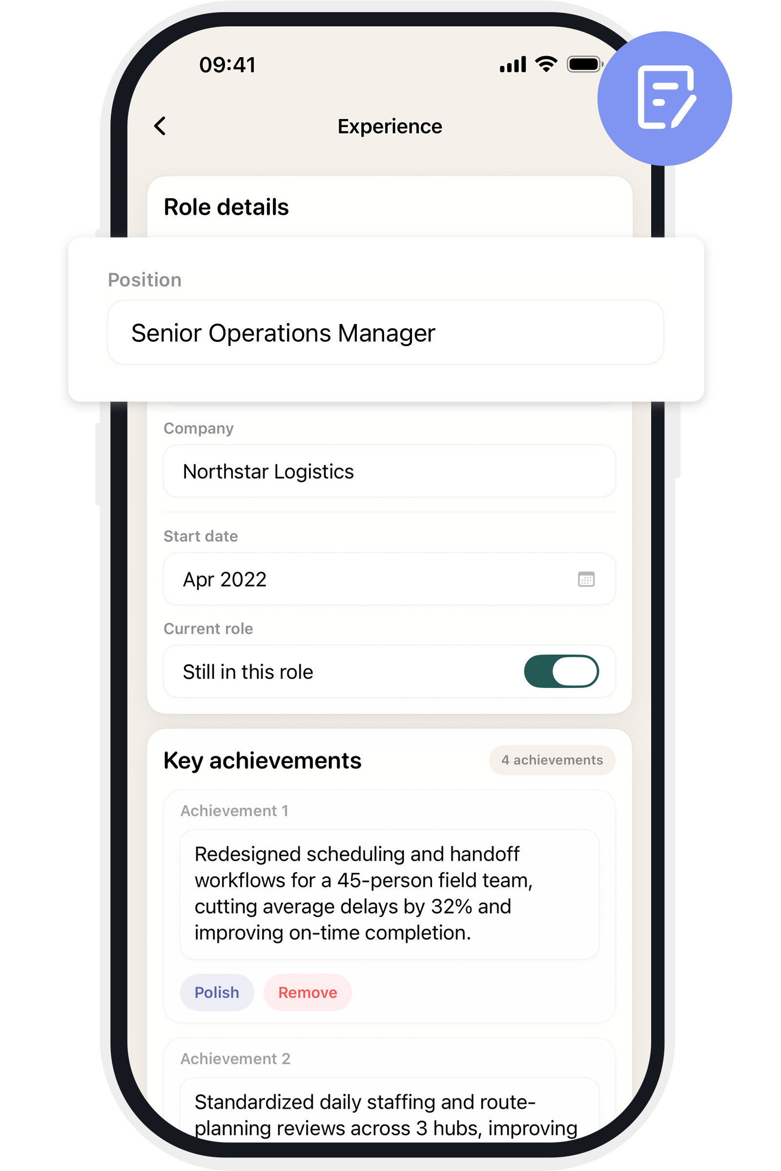 Resume Builder guided editing screen
